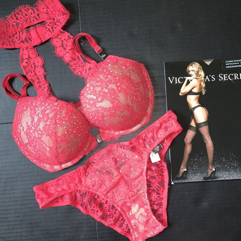 Victoria's Secret High-Neck 32d,32ddd Bra Set S Panty Red Lace Crystallized